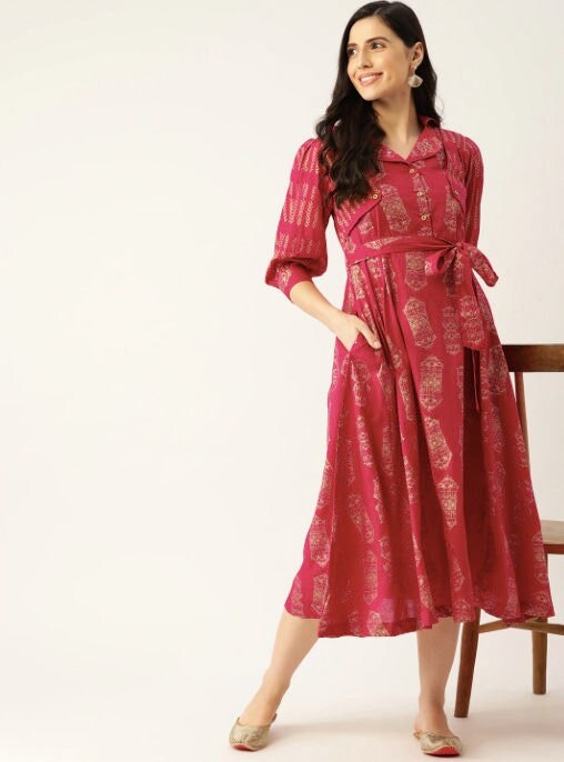 Maroon Floral Print Ethnic A-line Pure Cotton Midi Dress for Women