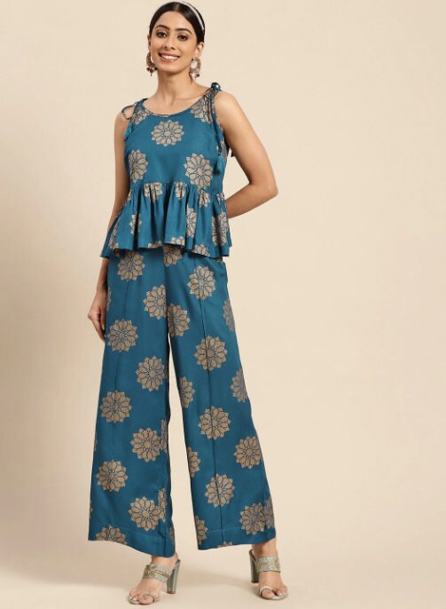 DESIGNER PRINTED CROP TOP AND PALAZZO PANTS WITH JACKET FOR WOMEN