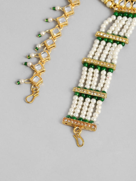 Green & White Gold-Plated Kundan Beaded Layered Bridal Matha Patti VitansEthnics