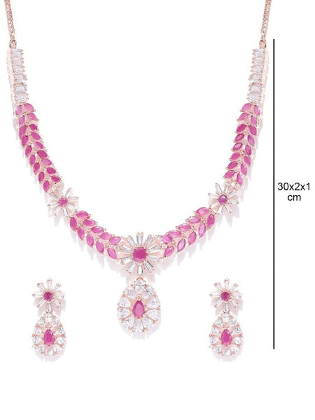 Pink & Rose Gold-Toned Silver-Plated American Diamond Studded Jewellery Set VitansEthnics