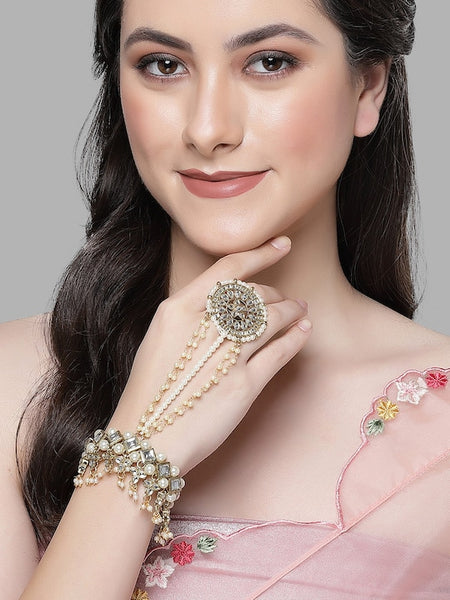 Kundan Gold-Plated Ring Bracelet | Haath Phool | Bracelet With Attached Ring VitansEthnics