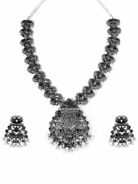 Oxidised Silver-Plated Black Artificial Stones-Studded Vaidehi Jewellery Set VitansEthnics