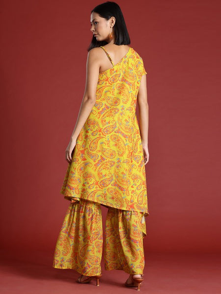 Ethnic Printed One Shoulder Kurta & Sharara Pants For Women, Co-Ords Set, Palazzo Kurti Set, Coord Set, Indian Dress, Indo Western Outfit VitansEthnics