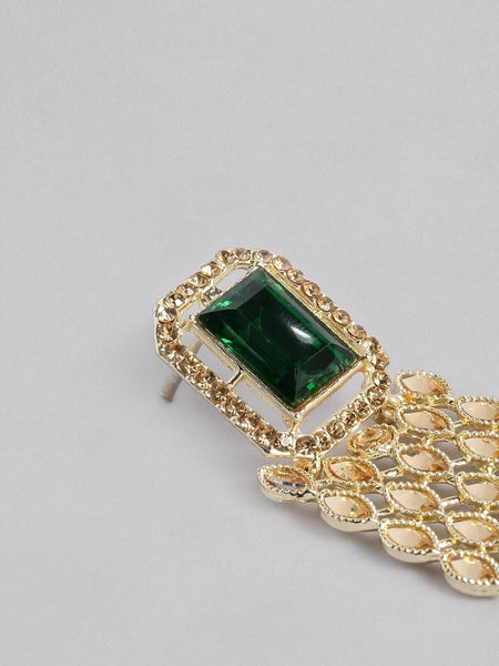 Gold-Plated & Green Handcrafted American Diamond Studded Square Drop Earrings VitansEthnics