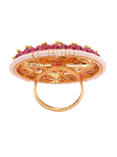 Gold-Plated Kundan-Studded & Pearls Beaded Adjustable Finger Ring VitansEthnics