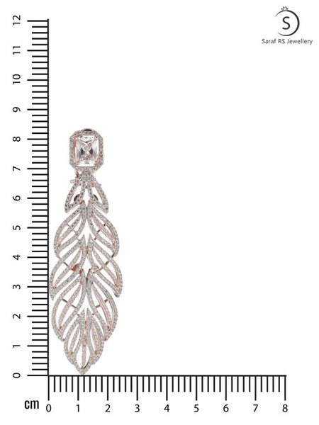 White & Rose Gold-Plated AD Feather Shaped Drop Earrings VitansEthnics