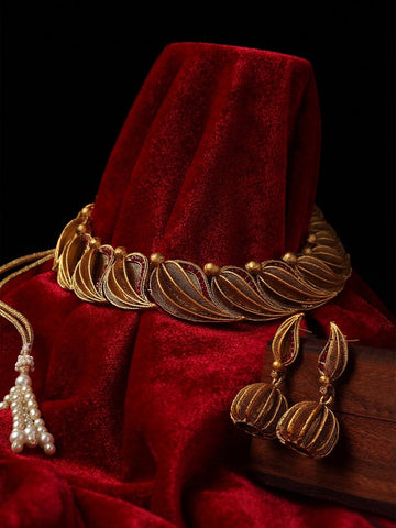 Gold-Plated Red Handcrafted Stone-Studded Sustainable Jewelry Set VitansEthnics