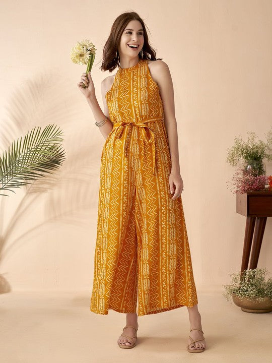 Ethnic Motifs Printed Halter Neck Sleeveless Jumpsuit For Women, Indian Jumpsuit, Indian One Piece Dress, Indo Western Outfit, Fusion Outfit11 VitansEthnics