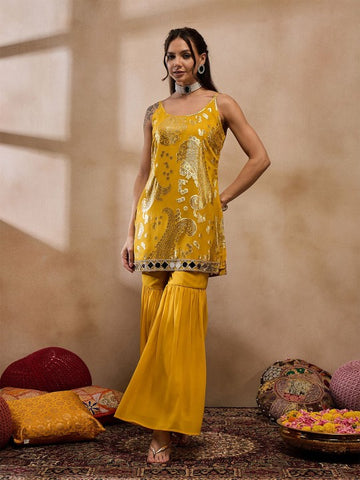 Sleeveless Woven Kurta With Sharara Pants Set VitansEthnics