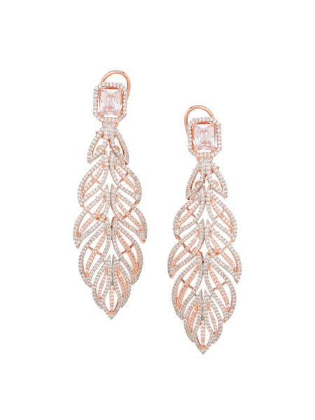 White & Rose Gold-Plated AD Feather Shaped Drop Earrings VitansEthnics