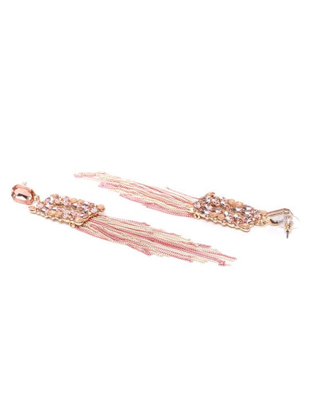 Peach-Coloured & Pink Stone-Studded Tasselled Geometric Drop Earrings VitansEthnics