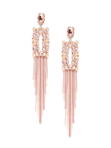 Peach-Coloured & Pink Stone-Studded Tasselled Geometric Drop Earrings VitansEthnics