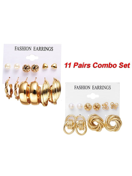Set Of 11 Gold-Plated Contemporary Stud And hoop Earrings VitansEthnics
