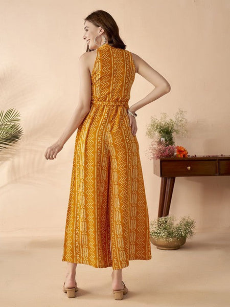 Ethnic Motifs Printed Halter Neck Sleeveless Jumpsuit For Women, Indian Jumpsuit, Indian One Piece Dress, Indo Western Outfit, Fusion Outfit11 VitansEthnics