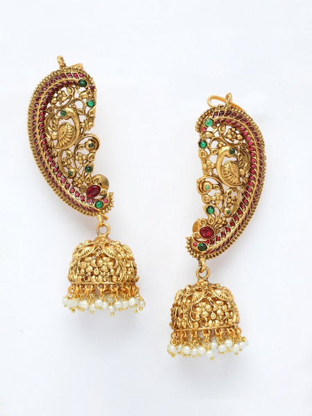 Gold-Plated Pearl & Stone-Studded Peacock Shaped Ear Cuff Earrings VitansEthnics
