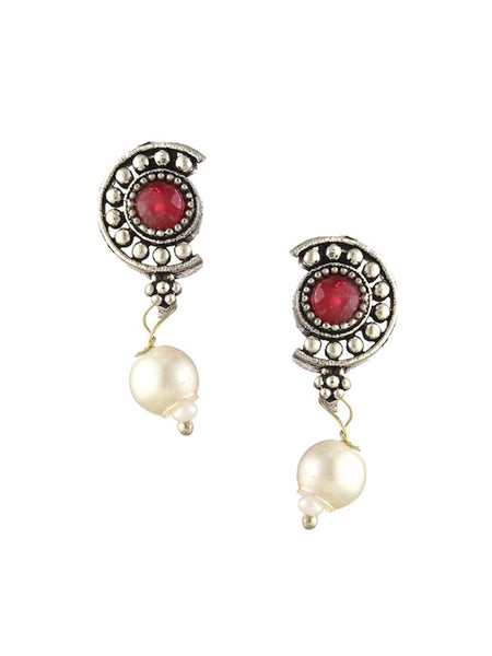 Oxidised Silver-Plated White & Pink Stone-Studded & Pearl Beaded Jewellery Set VitansEthnics