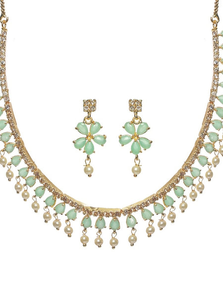 Gold-Plated Mint Green Floral Leaf Jewellery Set VitansEthnics