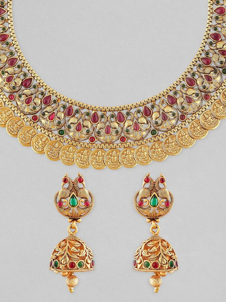 22 K Gold-Plated Red & Green Stone Studded & Beaded Temple Jewelry Set VitansEthnics