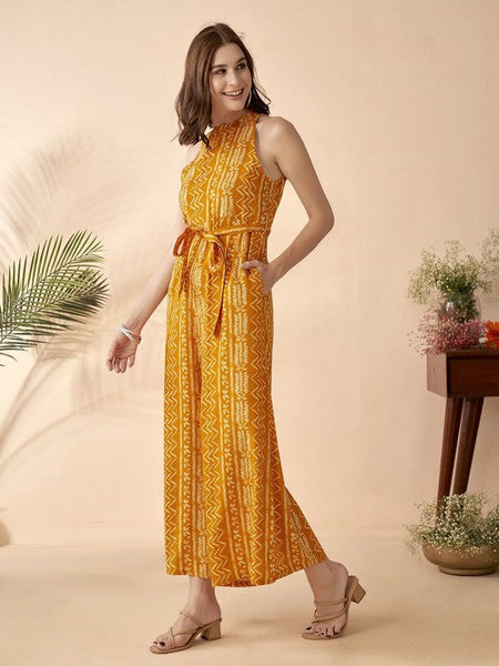 Ethnic Motifs Printed Halter Neck Sleeveless Jumpsuit For Women, Indian Jumpsuit, Indian One Piece Dress, Indo Western Outfit, Fusion Outfit11 VitansEthnics