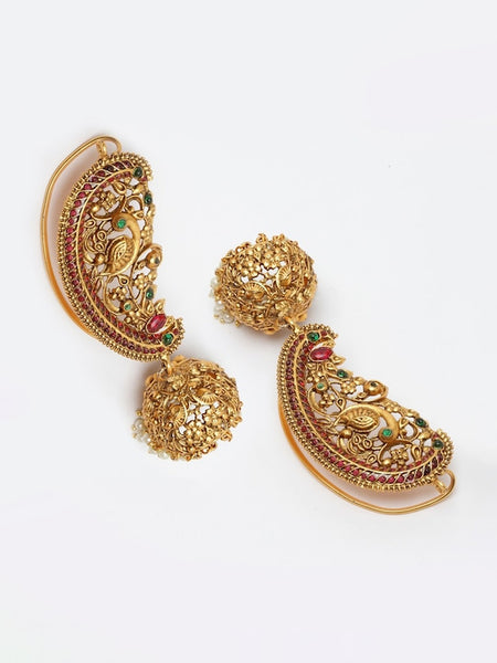 Gold-Plated Pearl & Stone-Studded Peacock Shaped Ear Cuff Earrings VitansEthnics