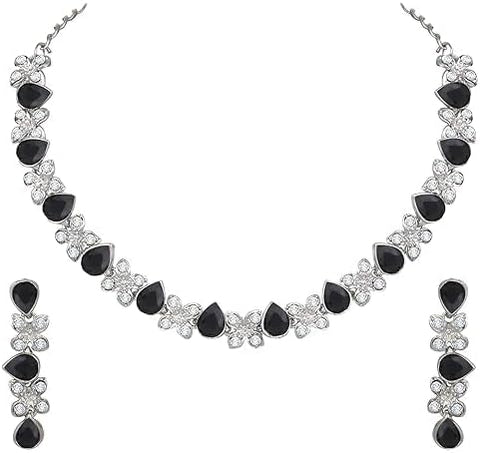 Silver Plated AD Studded Necklace With Earrings Jewelry Set For Women VitansEthnics