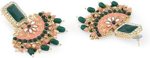 Peach & Green Multistrands Bridal Necklace Earring Maangtikka & Ring Set For Women VitansEthnics