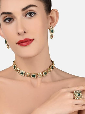 Green & Pink Stones Ethnic Choker Necklace Earring & Ring Set For Women VitansEthnics