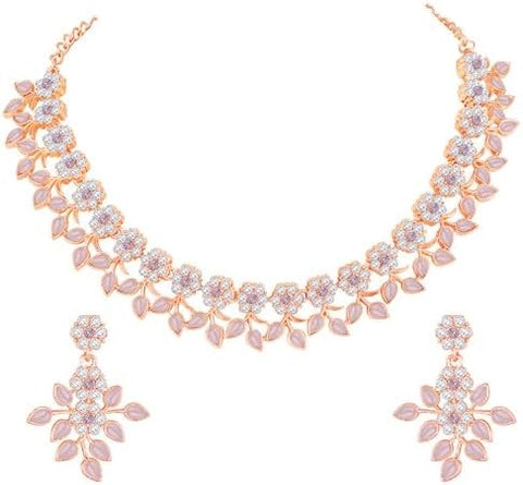 Women Rose Gold Plated White & Pink Crystal Studded Jewellery Set VitansEthnics