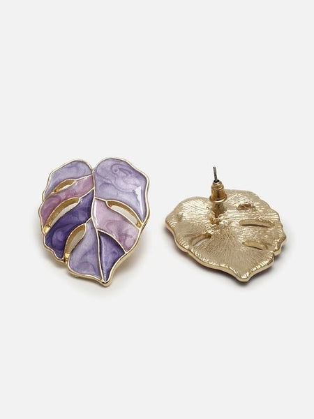 Purple 14k Gold Plated Contemporary Leaf Stud Earrings For Women VitansEthnics