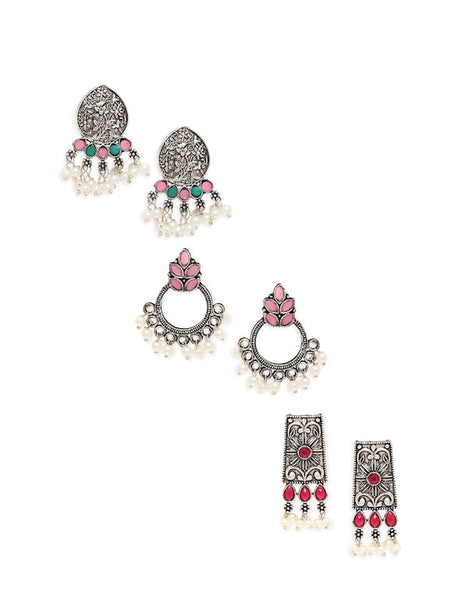 Silver-Toned Floral Set Of 3 Jhumka Earrings VitansEthnics