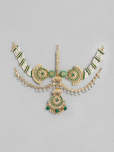 Green & White Gold-Plated Kundan Beaded Layered Bridal Matha Patti VitansEthnics