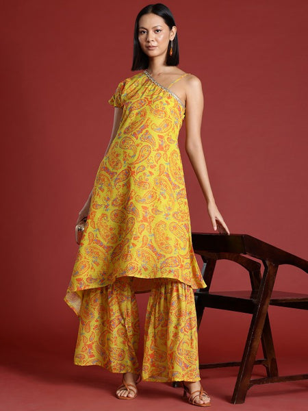 Ethnic Printed One Shoulder Kurta & Sharara Pants For Women, Co-Ords Set, Palazzo Kurti Set, Coord Set, Indian Dress, Indo Western Outfit VitansEthnics