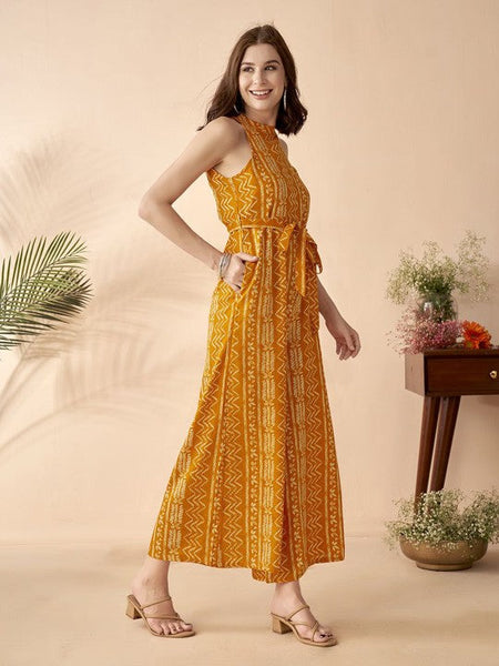 Ethnic Motifs Printed Halter Neck Sleeveless Jumpsuit For Women, Indian Jumpsuit, Indian One Piece Dress, Indo Western Outfit, Fusion Outfit11 VitansEthnics