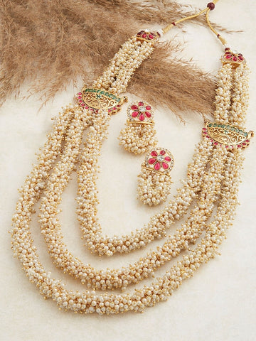 Gold-Plated Pink & Green Stone-Studded & Pearl-Beaded Jewellery Set VitansEthnics