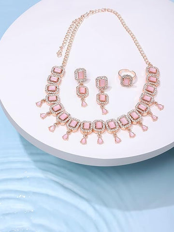 Pink Dazzling Stones Sleek Choker Necklace Earring & Ring Set For Women VitansEthnics