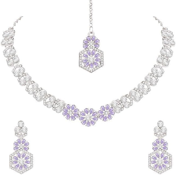 AD Studded Engagement Necklace Earrings Maang Tikka Set For Women Indian Jewelry Set VitansEthnics