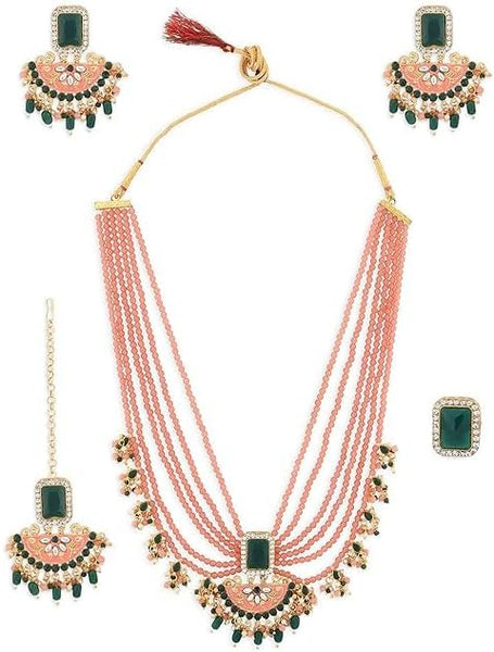 Peach & Green Multistrands Bridal Necklace Earring Maangtikka & Ring Set For Women VitansEthnics