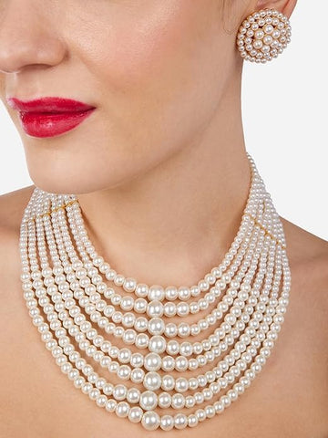 White Pearls Beaded Multistrand Statement Choker Necklace & Earring Set For Women VitansEthnics