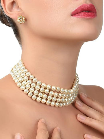 Gold Tone Ethnic Multistrand Pearl Choker Necklace & Earring Set For Women Indian Jewelry Set VitansEthnics