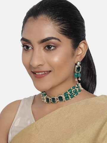 Women Green Stones & Beads Multistrand Indian Traditional Choker Necklace & Earring VitansEthnics