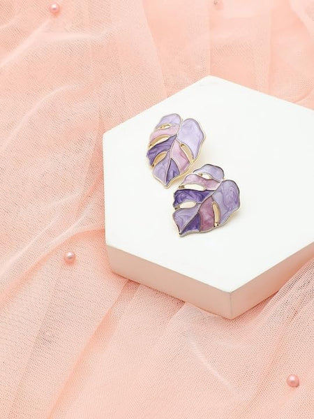 Purple 14k Gold Plated Contemporary Leaf Stud Earrings For Women VitansEthnics