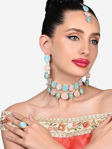 Turquoise Blue Pink Ethnic Choker Necklace Earring Maangtikka Ring Set For Women VitansEthnics