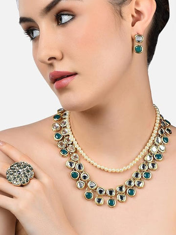 Green Kundan Multi Layers Necklace Earring & Ring Set For Women VitansEthnics