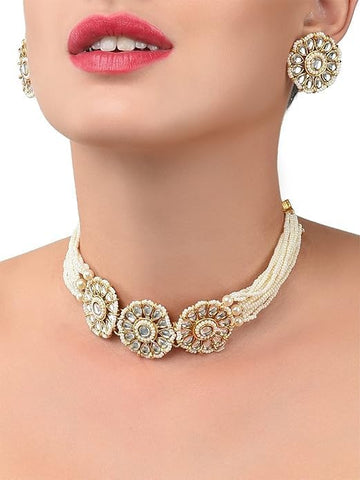 Gold Tone Kundan & Pearls Flowers Choker Necklace & earring Set For Women VitansEthnics