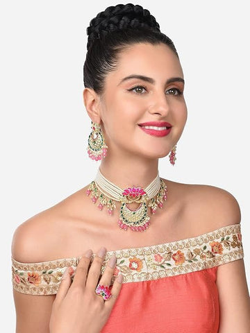 Women Green & Pink Meenakari Lotus Multistrand Pearls Choker Necklace Earring & Ring Set VitansEthnics