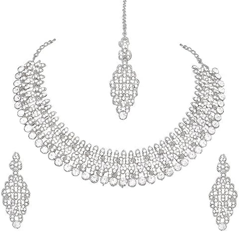 Silver Plated Necklace Jewelry Set with Earrings and Maang Tikka for Women VitansEthnics