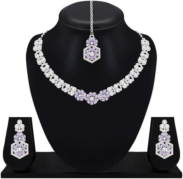 AD Studded Engagement Necklace Earrings Maang Tikka Set For Women Indian Jewelry Set VitansEthnics