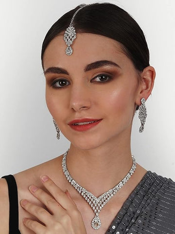 Bridal Crystal Jewelry Set for Women Necklace Earrings Maangtikka Set Wedding Silver Plated VitansEthnics