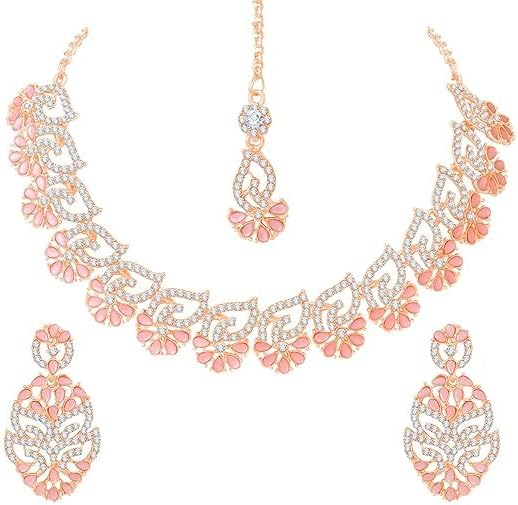 AD Studded Necklace Jewelry Set with Earrings & Maang Tikka for Women Indian Jewelry Set For Wedding Engagement VitansEthnics