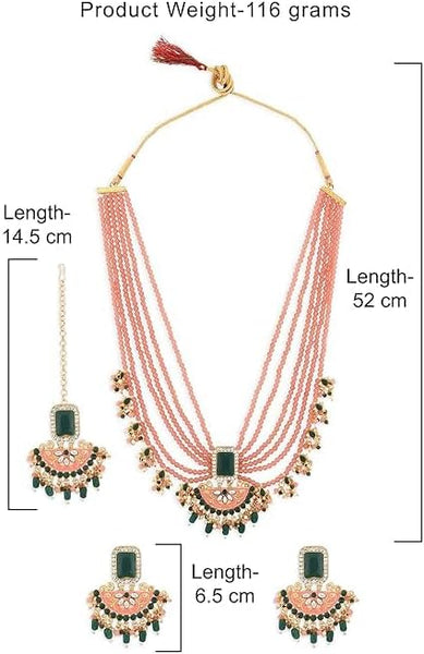 Peach & Green Multistrands Bridal Necklace Earring Maangtikka & Ring Set For Women VitansEthnics